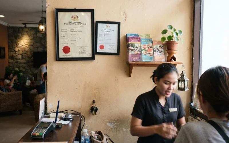 A business registration certificate displayed at a spa reception counter in Penang, clear and well-lit, no readable text or logos
