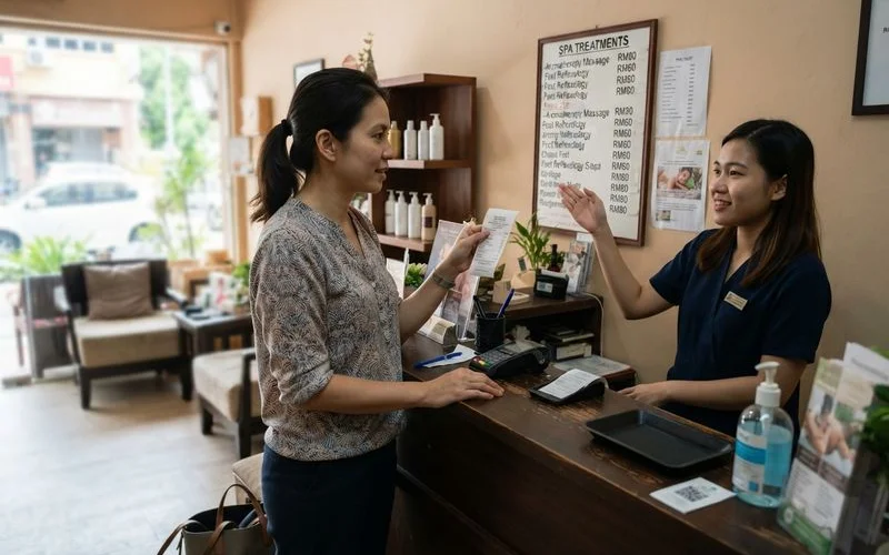 A customer reviewing a printed price list at a spa reception desk in Penang, calm and well-lit, no logos or text visible