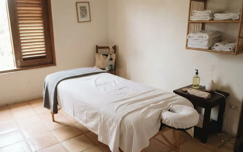 A clean, well-organised massage spa treatment room in Penang with fresh linens, natural light, no logos or text visible