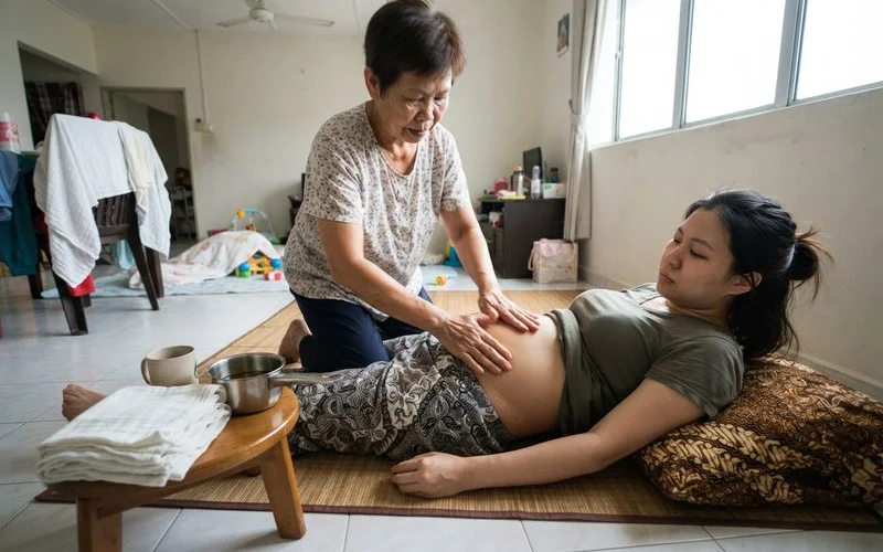 A gentle traditional postpartum massage session at a home setting in Penang, warm and calm lighting, no text or logos visible