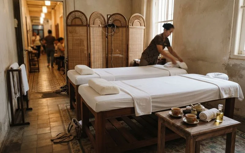 Two clients relaxing side by side in a private couple massage room in Penang, warm ambient lighting, no logos or text visible