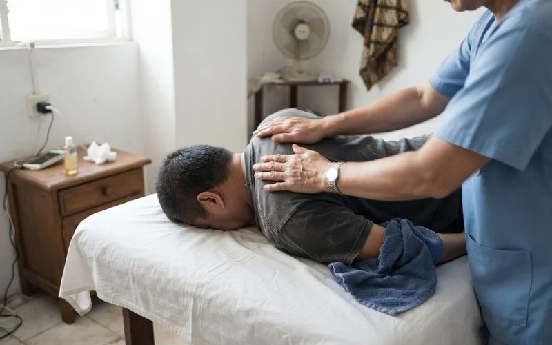 A therapist applying focused deep tissue pressure to a client's shoulder in a Penang spa, calm professional setting, no text or logos visible