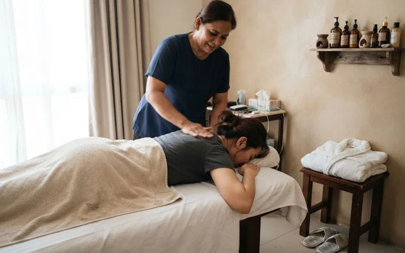 A relaxed client during a first massage session at a Penang spa, calm lighting, no text or logos visible