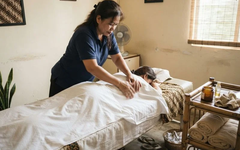 A skilled massage therapist working with focused, precise pressure in a calm Penang spa setting, natural lighting, no text or logos visible
