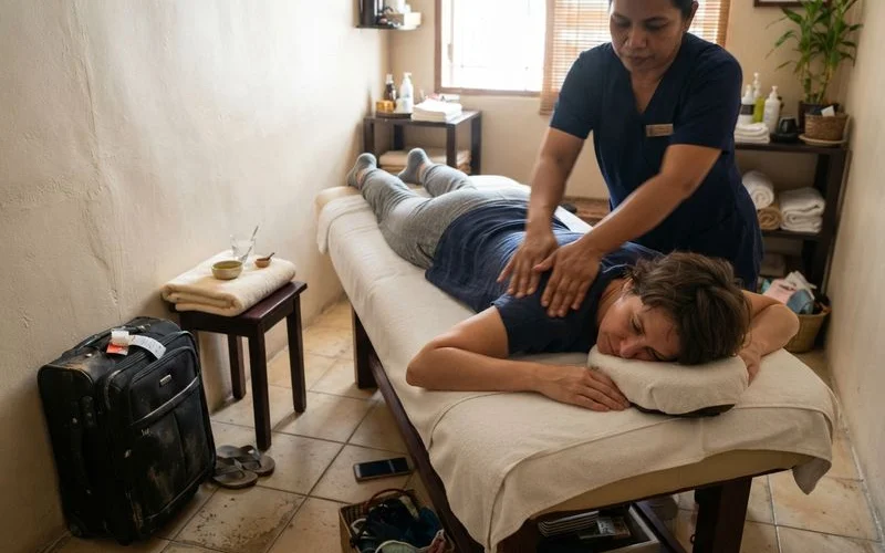 A traveller receiving a relaxing massage shortly after arrival at a spa near Penang, calm natural lighting, no text or logos visible