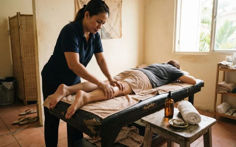 A client receiving a focused recovery massage on the legs after a workout in a Penang spa, natural light, no text or logos visible