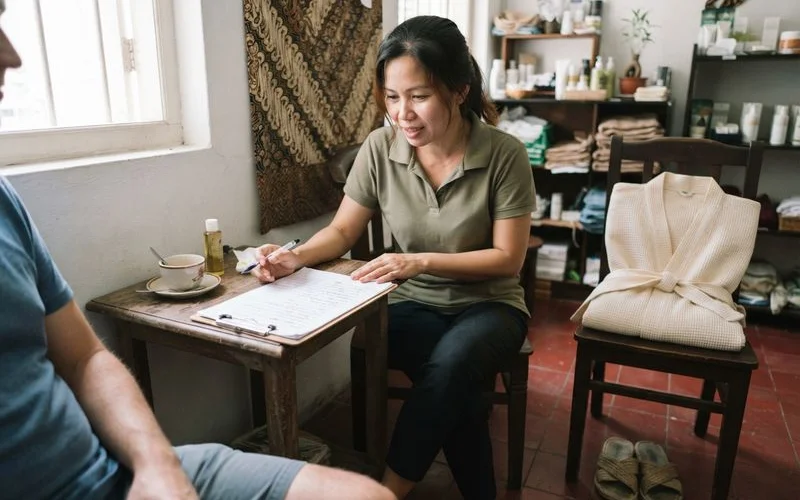 A therapist consulting with a client about health considerations before a massage session, calm and professional, natural lighting, no text or logos