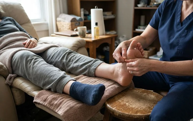 A therapist applying reflexology pressure to a client's foot in a calm, softly lit spa setting in Penang, no text or logos visible