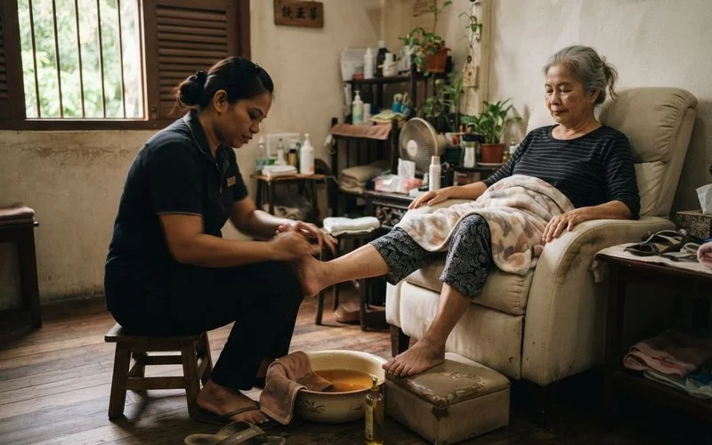 An older adult receiving a gentle reflexology session in a reclining chair at a Penang spa, calm and warm lighting, no text or logos visible