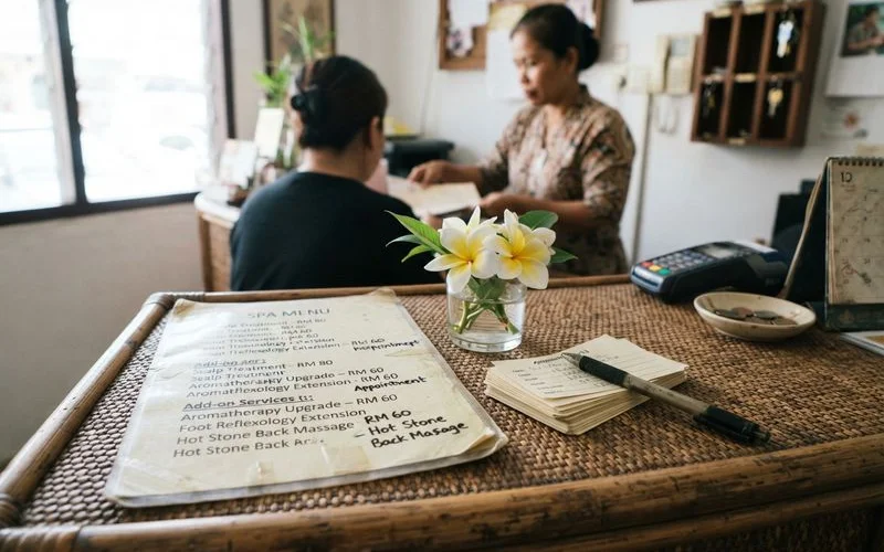 A detailed printed price menu at a Penang spa showing treatment and add-on pricing, clear and well-lit, no readable text or logos