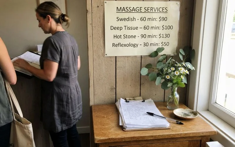 A simple price list displayed at a massage spa counter in Penang, warm natural lighting, no logos or text visible