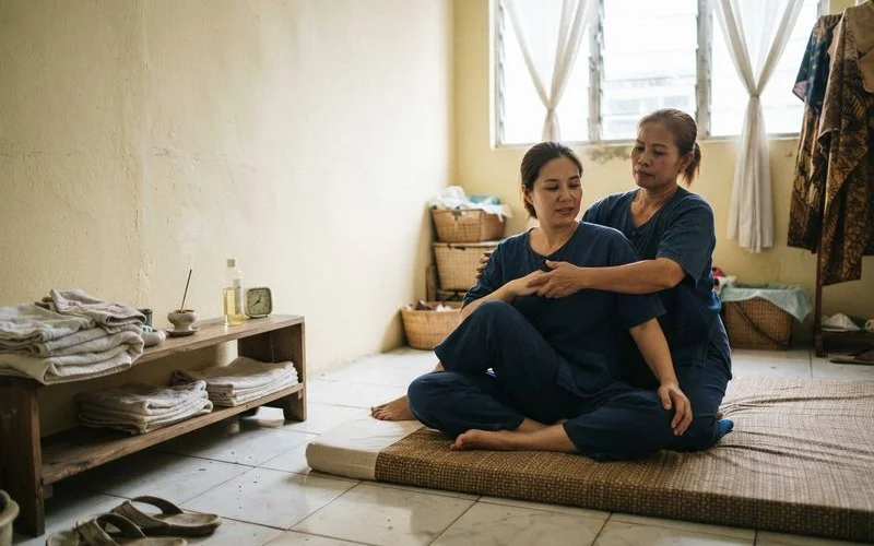 A therapist guiding a client through an assisted stretch during a Thai massage session on a floor mat, natural daylight, no text or logos